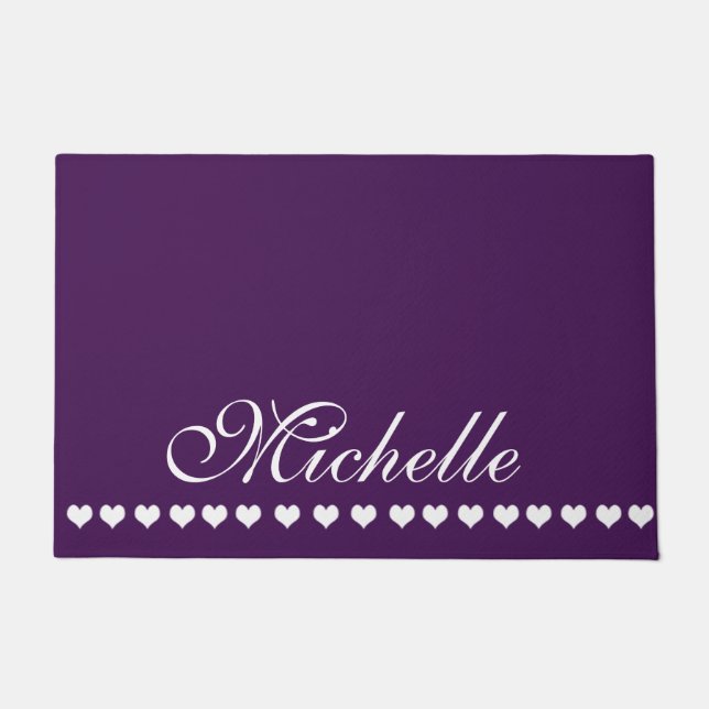 Elegant Monogram White Hearts Eggplant Purple Doormat (Front)