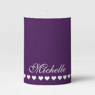 Elegant Monogram White Hearts Eggplant Purple Pillar Candle