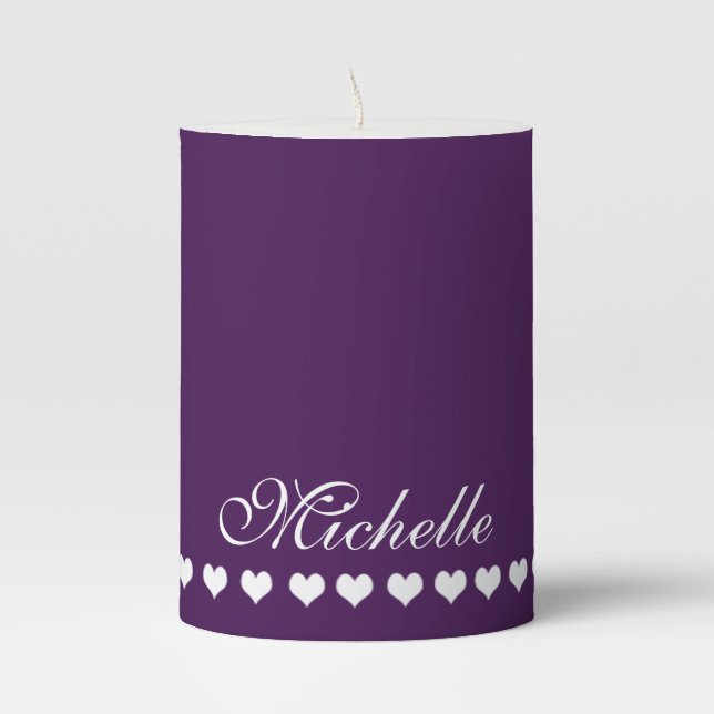 Elegant Monogram White Hearts Eggplant Purple Pillar Candle (Front)