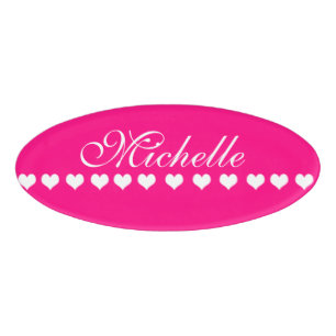 Elegant Monogram White Hearts Pink Name Tag