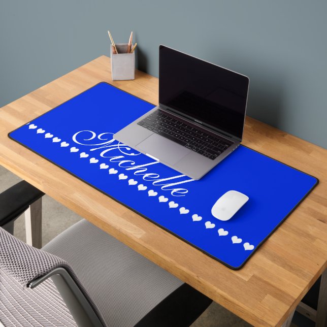 Elegant Monogram White Hearts Royal Blue Desk Mat (Office 2)