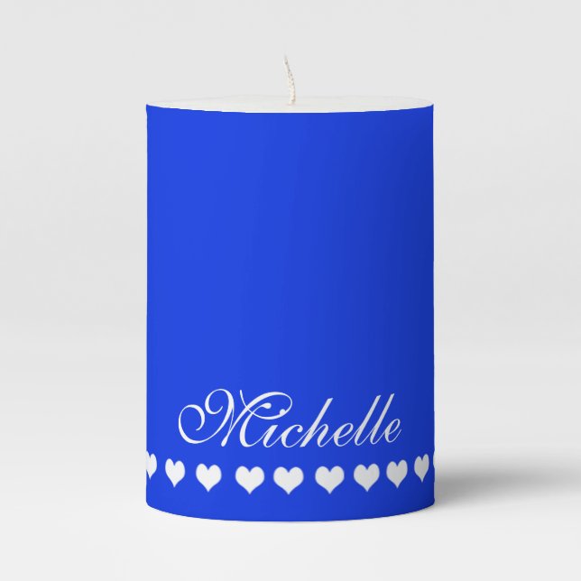 Elegant Monogram White Hearts Royal Blue Pillar Candle (Front)
