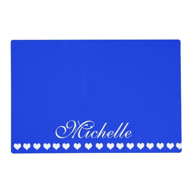 Elegant Monogram White Hearts Royal Blue Placemat (Front)
