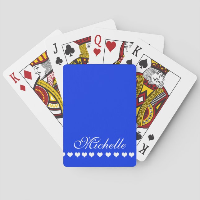 Elegant Monogram White Hearts Royal Blue Poker Cards (Back)