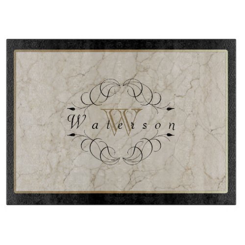 Elegant Monogram White Marble Ornament Gold Black Cutting Board