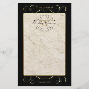 Elegant Monogram White Marble Ornament Gold Black Stationery