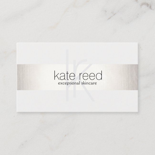 Elegant Monogram White Modern FAUX Silver Striped Business Card