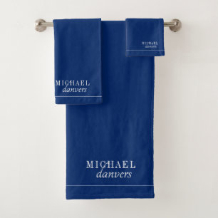 Elegant Monogram White Name Navy Blue Bath Towel Set