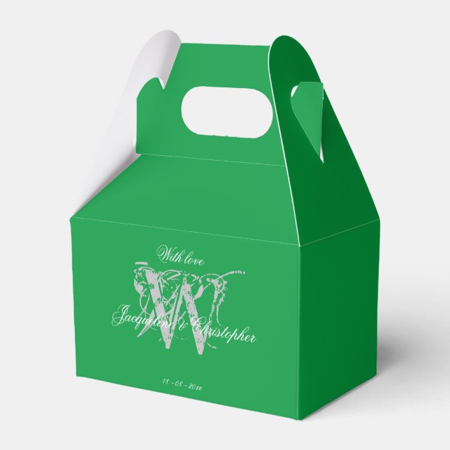 Elegant Monogram White Names Emerald Green Wedding Favor Boxes (Front Side)