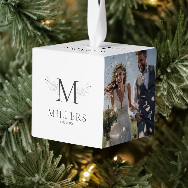 Elegant monogram white newlywed three photo cube ornament (Tree)