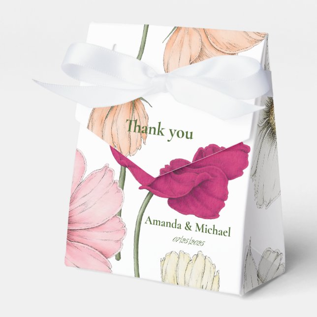Elegant Monogram White Pink Flowers Ribbon Wedding Favor Boxes (Front Side)