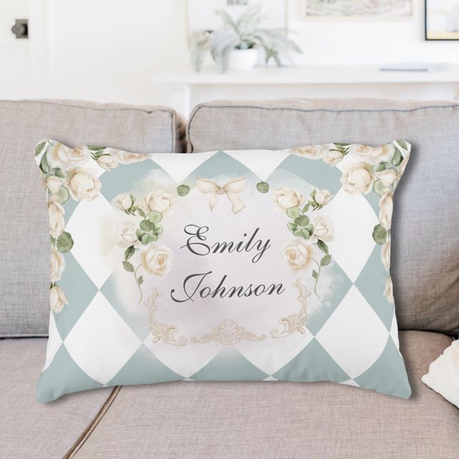 Elegant Monogram White Roses Green Leaves Diamond Accent Pillow (In situ)