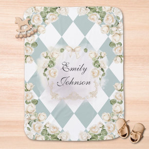 Elegant Monogram White Roses Green Leaves Diamond Baby Blanket