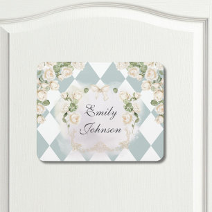 Elegant Monogram White Roses Green Leaves Diamond Door Sign