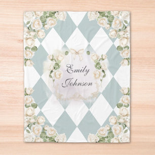 Elegant Monogram White Roses Green Leaves Diamond Fleece Blanket