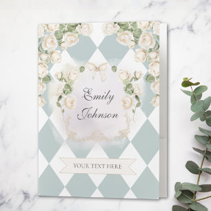 Elegant Monogram White Roses Green Leaves Diamond Pocket Folder