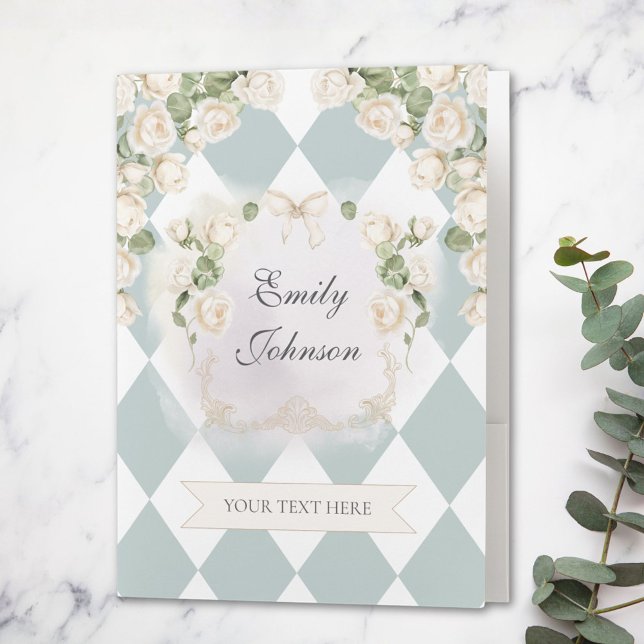 Elegant Monogram White Roses Green Leaves Diamond Pocket Folder (In situ)