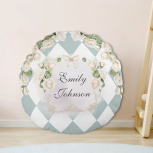 Elegant Monogram White Roses Green Leaves Diamond Round Pillow