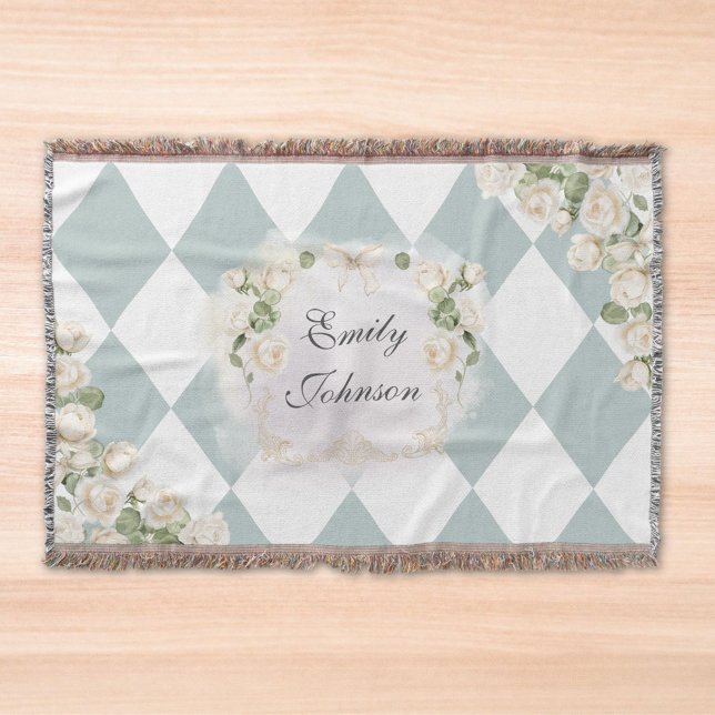 Elegant Monogram White Roses Green Leaves Diamond Throw Blanket (In situ)