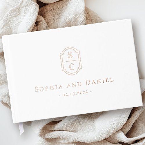 Elegant monogram white wedding names date foil foil guest book 