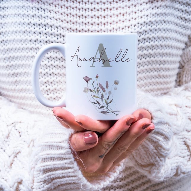 Elegant Monogram Wildflower Script Watercolor Coffee Mug (Creator Uploaded)