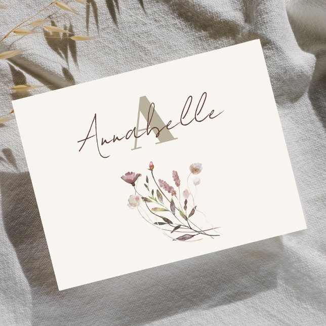 Elegant Monogram Wildflower Script Watercolor Note Card (Creator Uploaded)