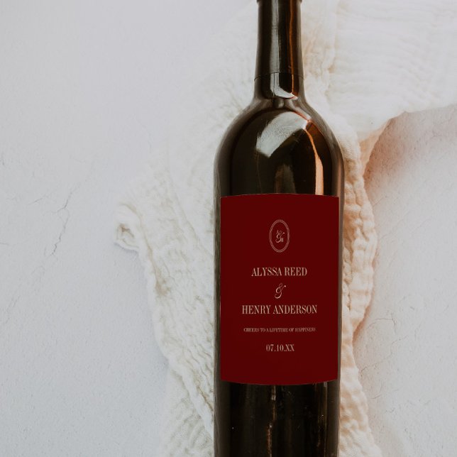 Elegant Monogram Wine Red "Cheers" Wedding Wine Label (Creator Uploaded)