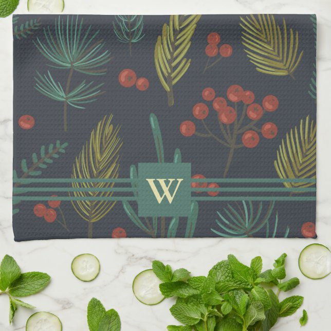 Elegant Monogram Winter Botanical  Kitchen Towel (Folded)