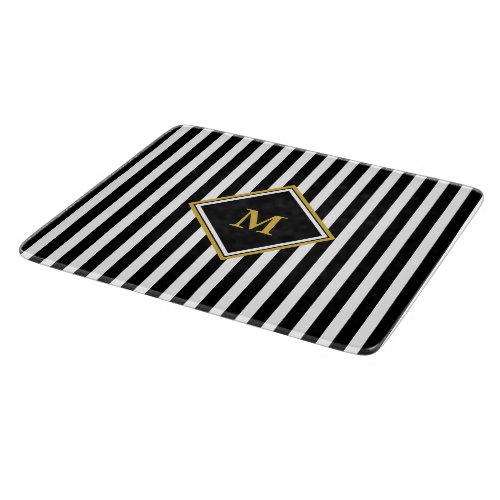 Elegant Monogram with Black and White Stripes Cutting Board