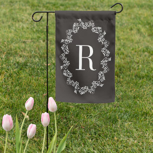 Elegant Monogram with Delicate Floral Wreath Garden Flag