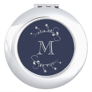 Elegant monogram with flowers and blue chevron vanity mirror