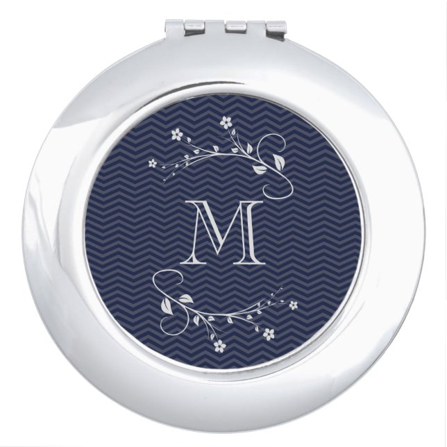 Elegant monogram with flowers and blue chevron vanity mirror (Front)