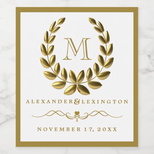 Elegant Monogram With Gold Laurel Wreath Wedding Wine Label