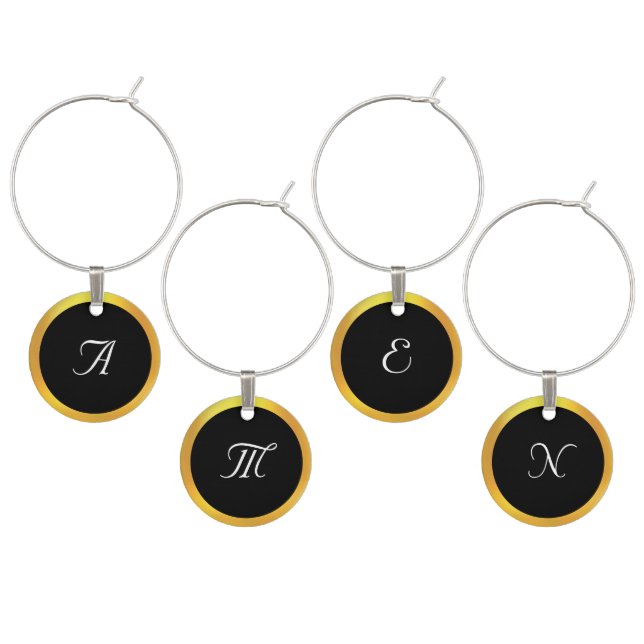Elegant Monogram with Golden Circle on Black Wine Charm (Staggered)