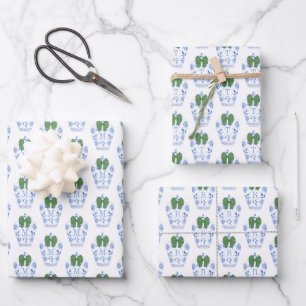 Elegant Monogram With Green Bow Christmas Wrapping Paper Sheets