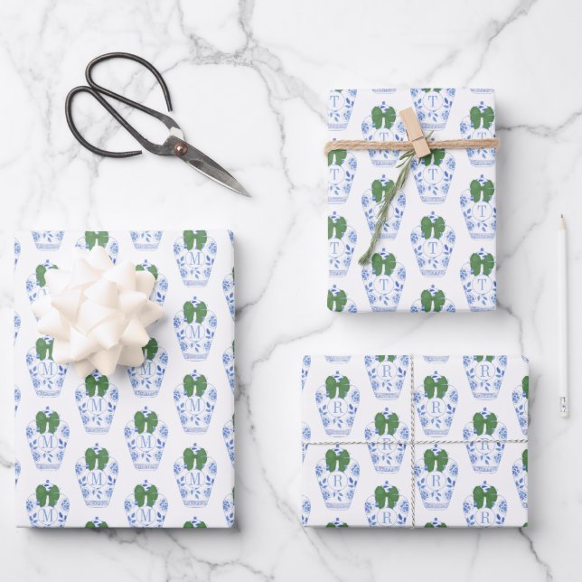 Elegant Monogram With Green Bow Christmas Wrapping Paper Sheets (Front)