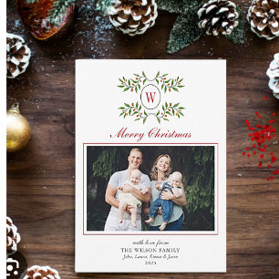 Elegant Monogram with Greenery Family Photo Holiday Card