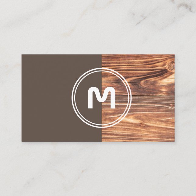 Elegant monogram wood two tone brown carpenter bus business card (Front)