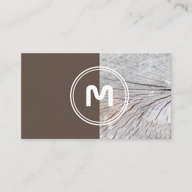 Elegant monogram wood two tone brown carpenter business card (Front)