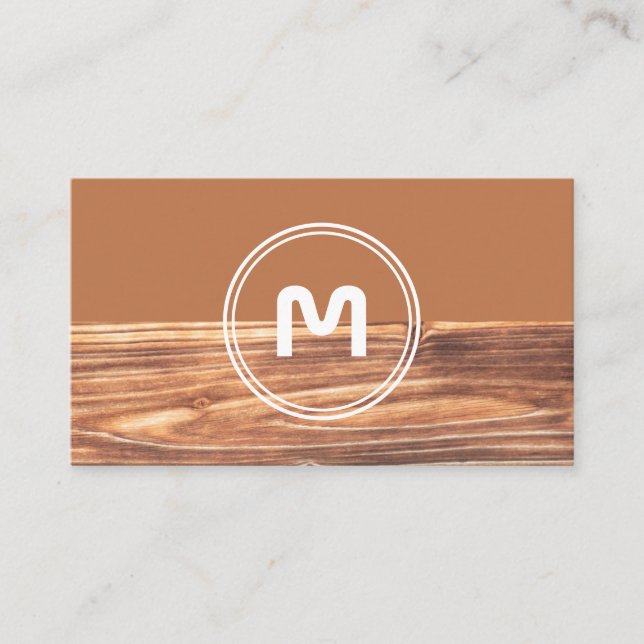 Elegant monogram wood two tone brown carpentry business card (Front)
