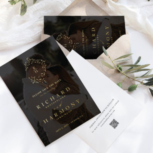 Elegant Monogram Wreath Black Photo Save the Date Foil Invitation