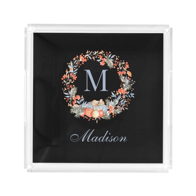Elegant Monogram Wreath Chic Black Christmas Acrylic Tray (Front)