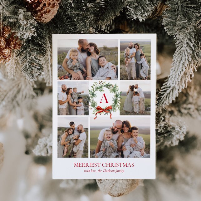 Elegant Monogram Wreath Christmas Six Photo Holiday Card (Creator Uploaded)