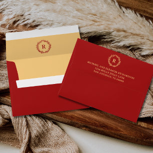 Elegant Monogram Wreath Festive Red Gold Christmas Envelope