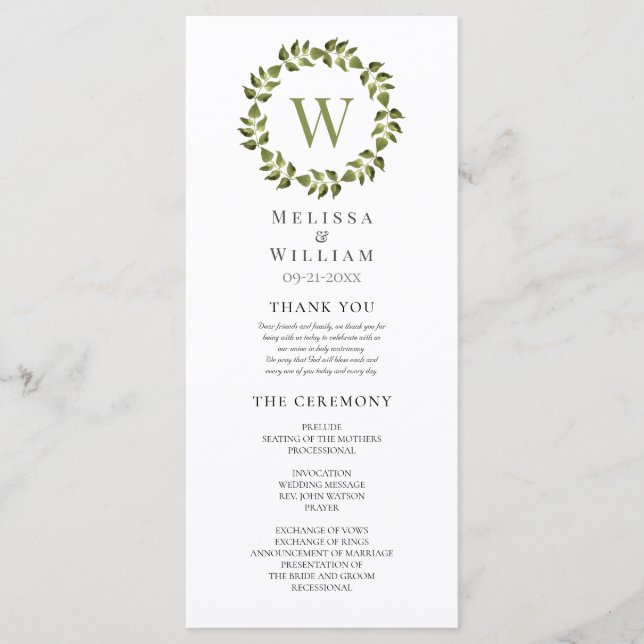 Elegant Monogram Wreath Green Leaf Wedding Program (Front)