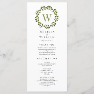 Elegant Monogram Wreath Green Leaf Wedding Program