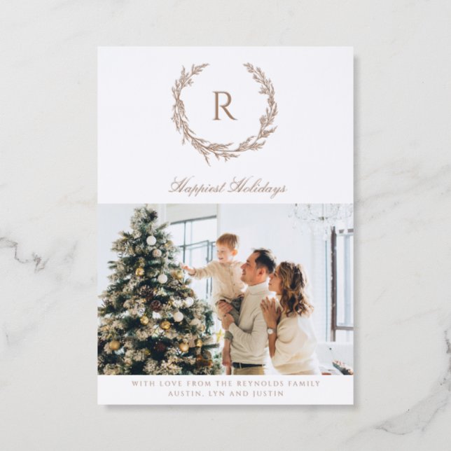 Elegant Monogram Wreath Luxe Letterpress Photo Cards (Front)