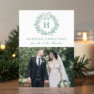 Elegant Monogram Wreath Married Christmas Letterpress Photo Cards