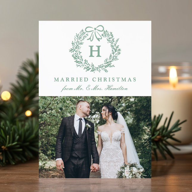 Elegant Monogram Wreath Married Christmas Letterpress Photo Cards (Creator Uploaded)