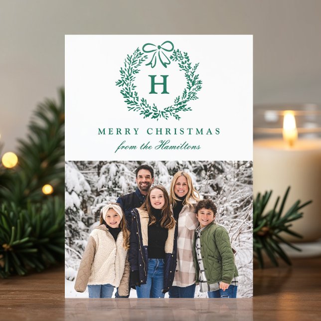 Elegant Monogram Wreath Merry Christmas Letterpress Photo Cards (Creator Uploaded)